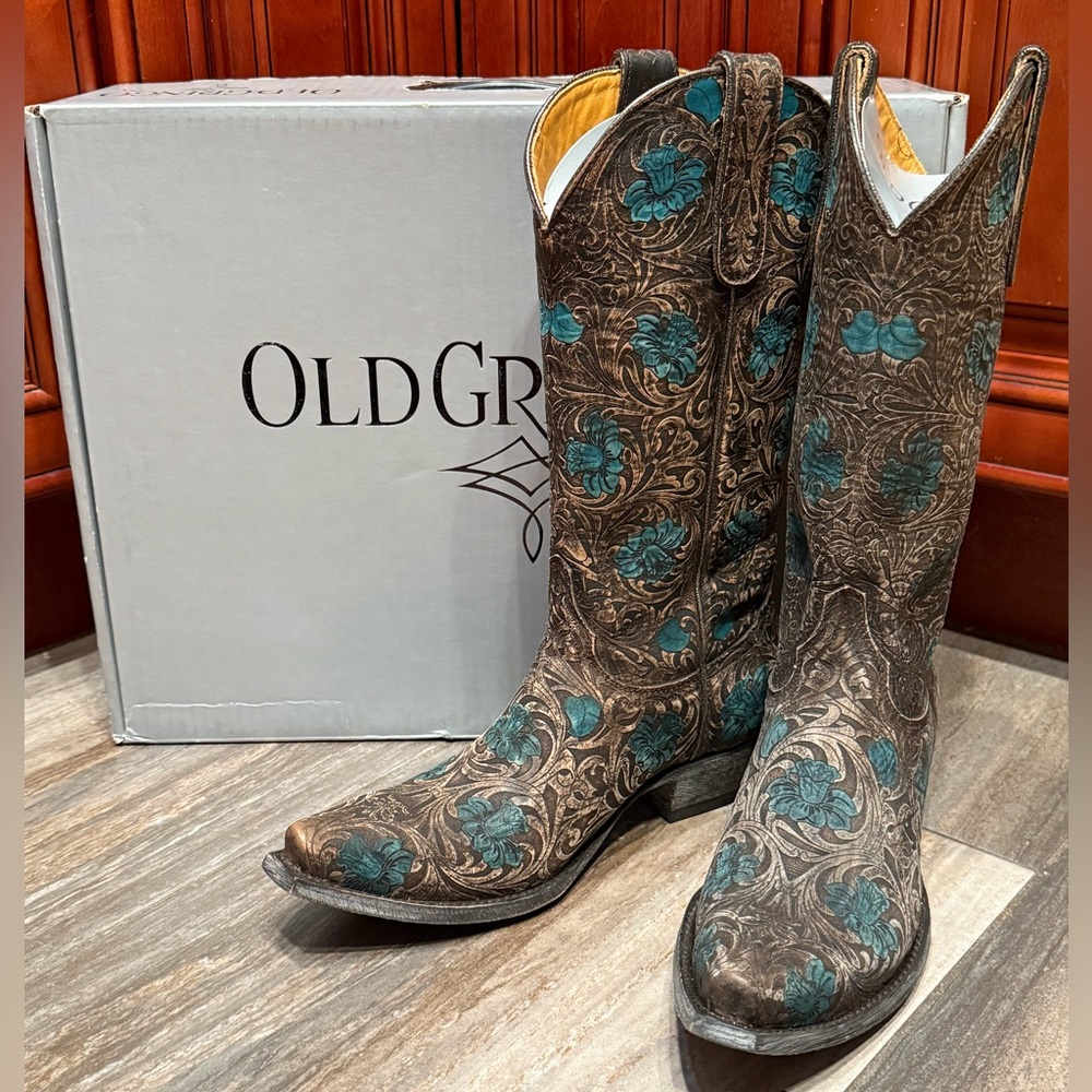Old Gringo Cowboy Boots Edwine Turquoise Brown Floral Flower Wedding Tooled 7.5 - Picture 6 of 10